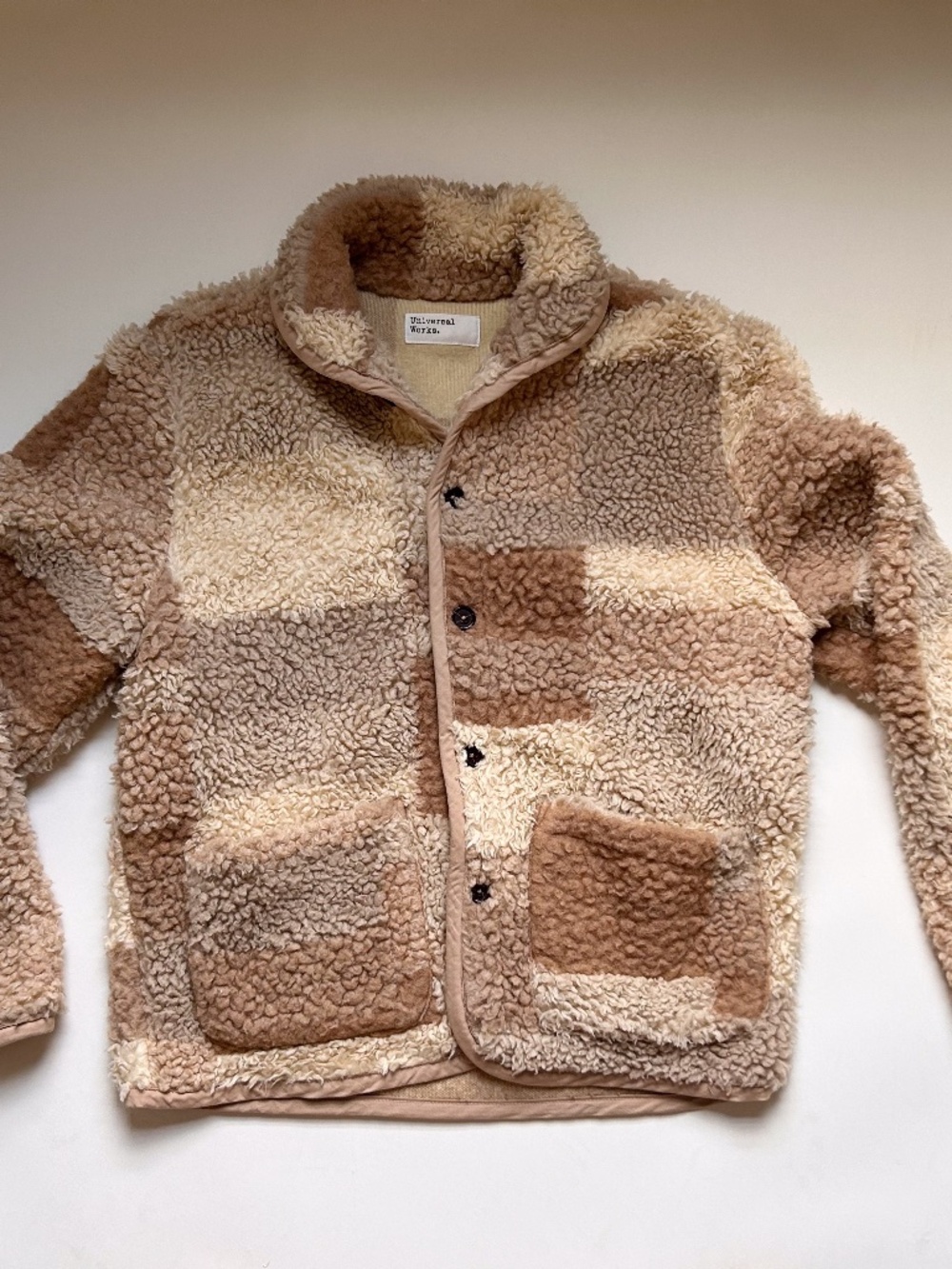 Universal Works Lancaster Jacket in Sand Patchwork Sherpa Fleece L